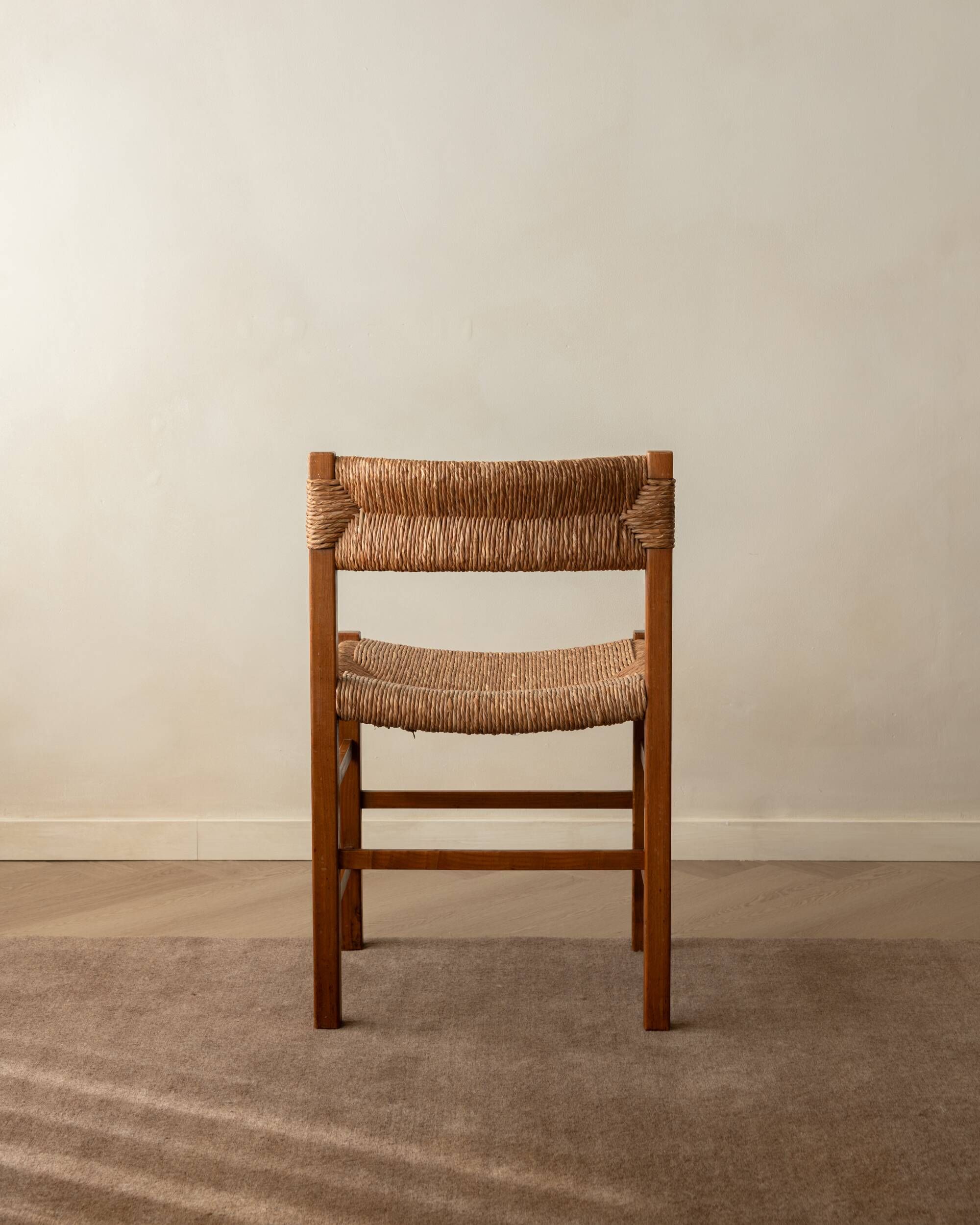 Vintage set of six French mid-century dining chairs in wood and rush, 1960s