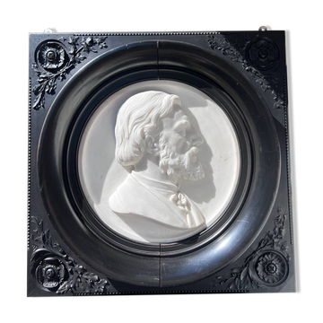 Bas-relief in marble and carved ebony signed Jouffroy, 1873