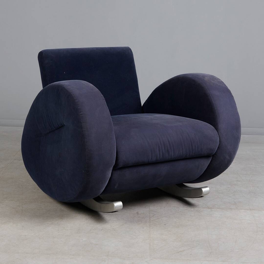 Bretz (Germany) — Rocking Chair / Armchair — Blue Velvet Upholstery — 1980s