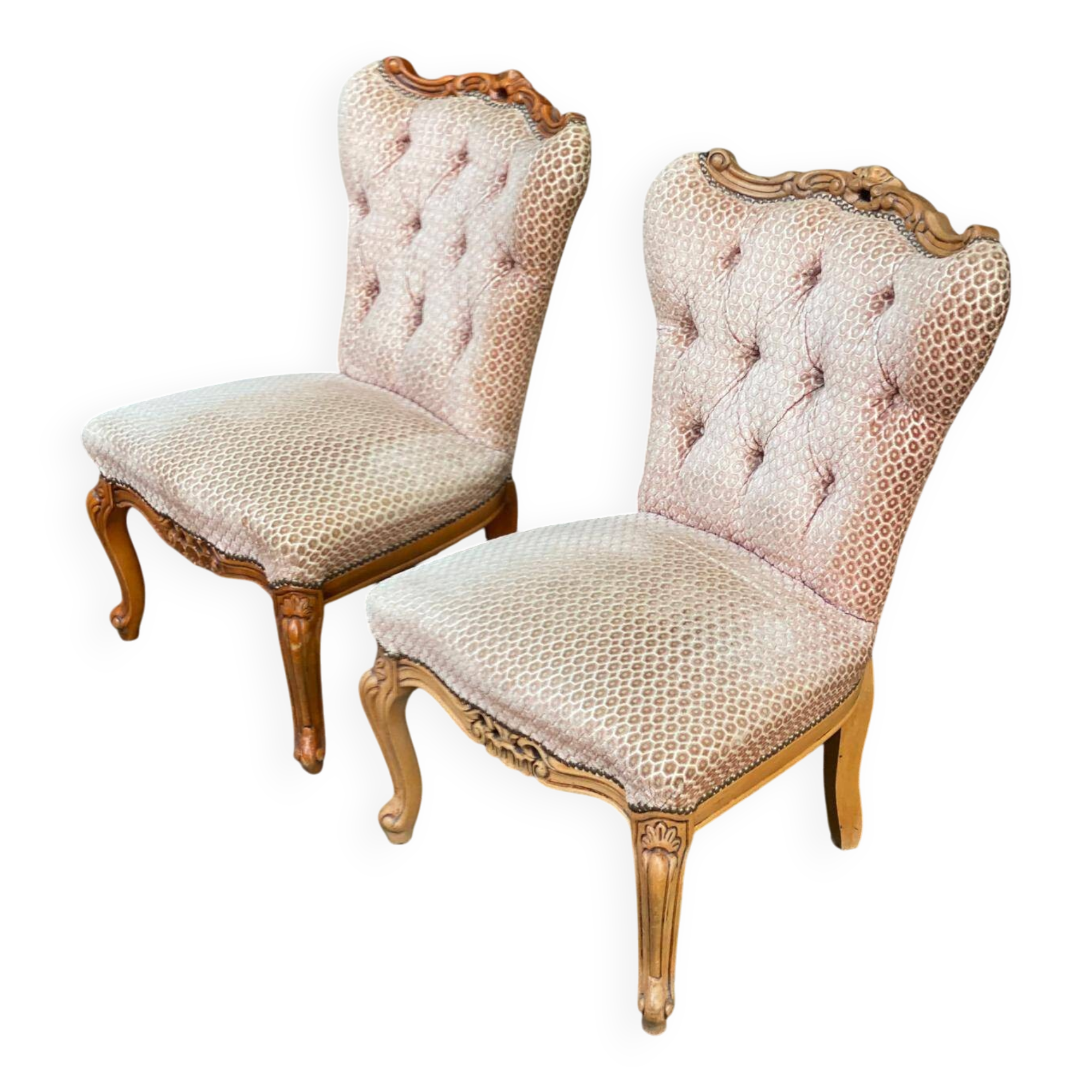 2 bergères fauteuils Louis XV tissu velours rosé