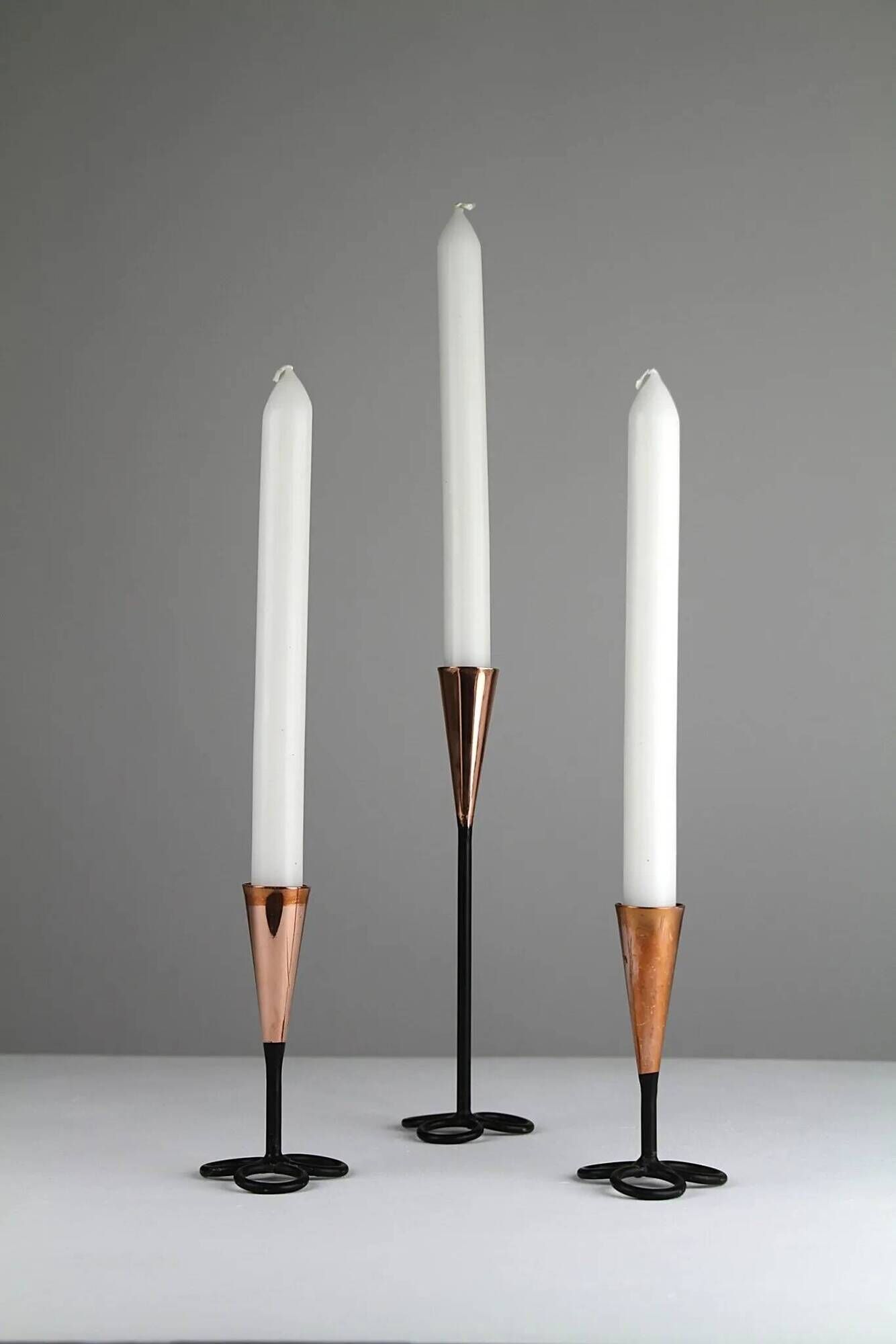 Trio of Black Iron & Copper Candlesticks — Gunnar Ander for Ystad-Metall, Sweden, 1960s