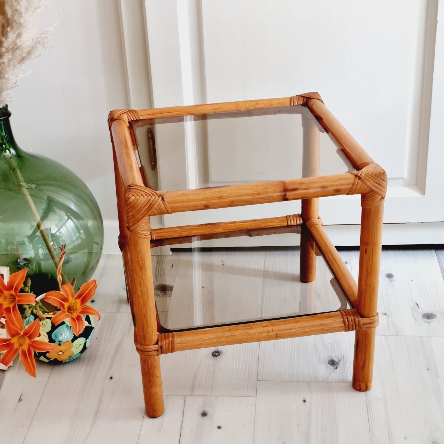 Rattan and smoked glass table