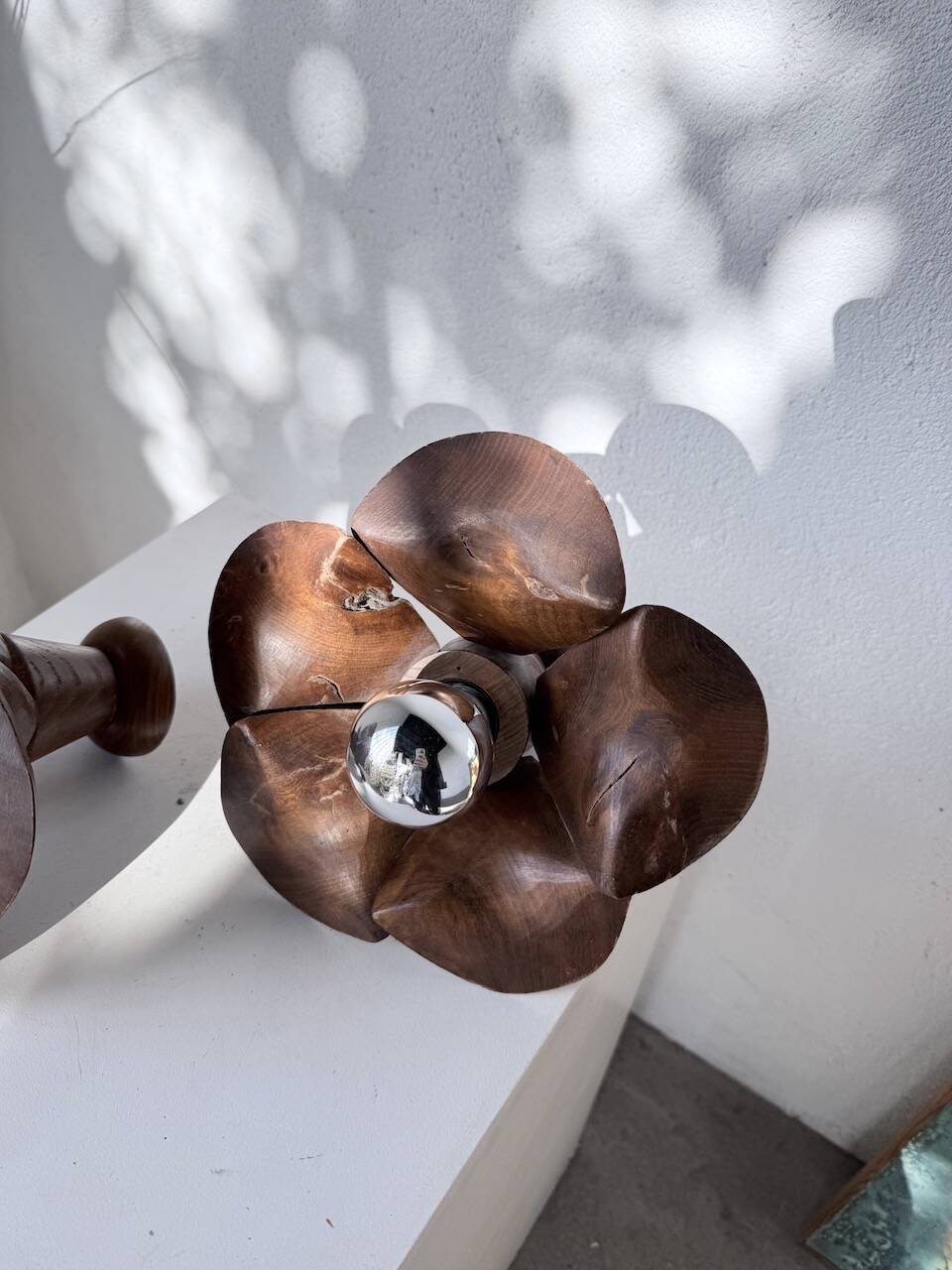 Pair of wooden flower wall lights from the 1970s.