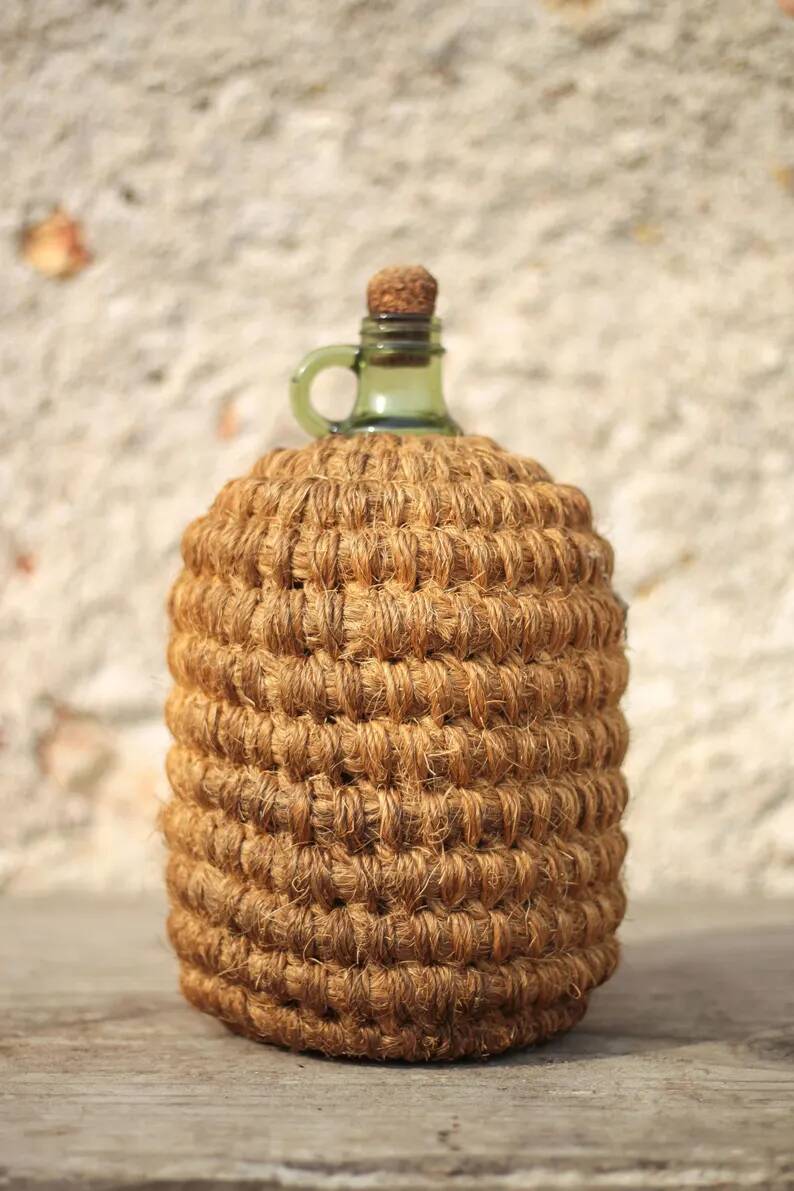 Lady Jeanne bottle, green glass bottle dressed in straw and wicker weaving, jar, vintage decor.