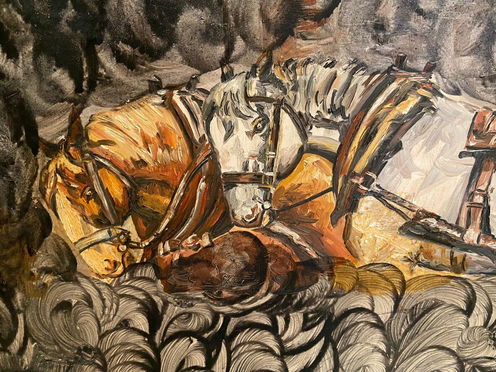 Oil painting on canvas with draft horses signed Ortega 86