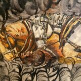 Oil painting on canvas with draft horses signed Ortega 86