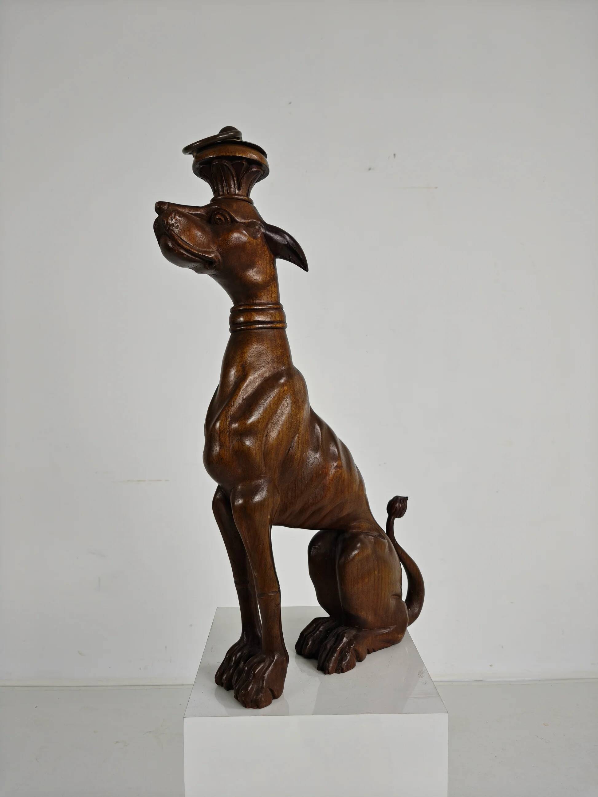 Hand-carved wooden greyhound statue - 20th century
