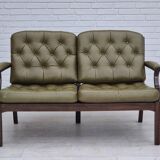 1970s, Scandinavian 2 seater sofa in original condition, green furniture leather, solid teak wood.
