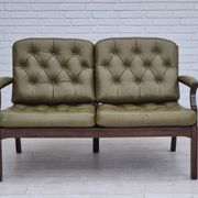 1970s, Scandinavian 2 seater sofa in original condition, green furniture leather, solid teak wood.