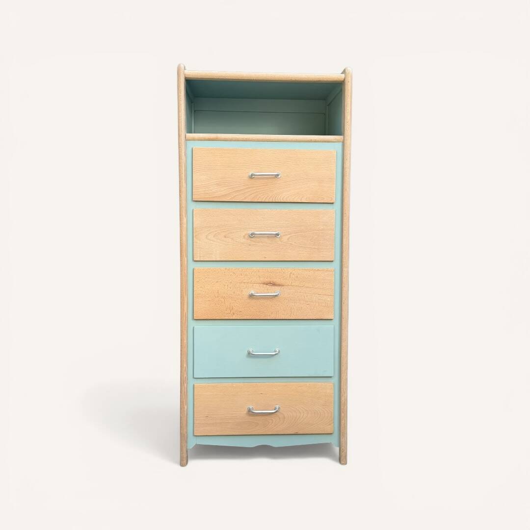 Vintage tall chest of drawers in raw wood and grey-blue from the 1950s.