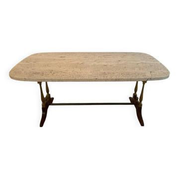 Table basse en travertin et bois, années 60-70