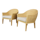 Pair of armchairs in teak and rattan