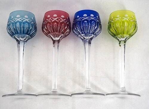 Saint Louis Traminer 4 glasses Rhin Roemer crystal, signed colour, excellent condition.
