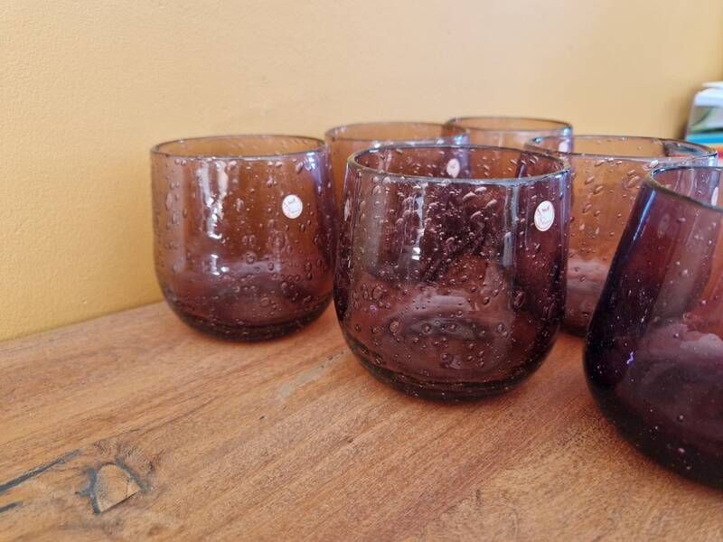 BIOT - Set of 6 bubble glass water tumblers in amethyst colour.