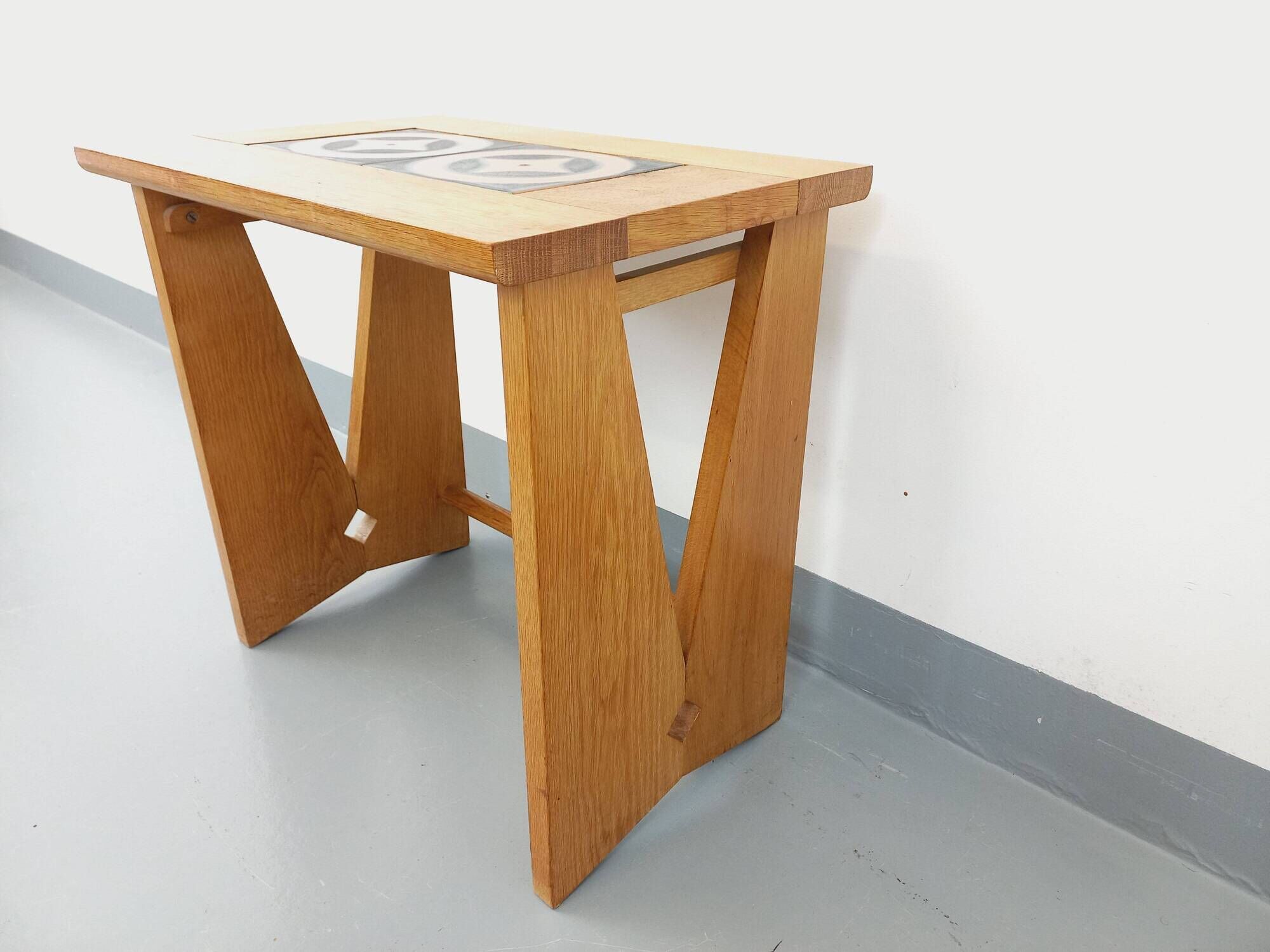 Vintage Guillerme and Chambron coffee and side table in solid oak and ceramic from the 50s and 60s
