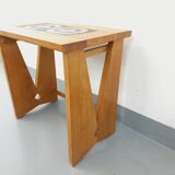 Vintage Guillerme and Chambron coffee and side table in solid oak and ceramic from the 50s and 60s