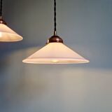 Pair of Art Deco conical white opaline pendants, 1920-30.