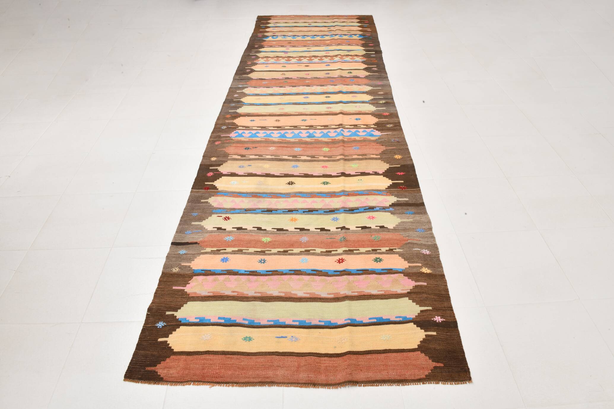 4x13 Beige & Orange Kilim Runner Rug, Wool Runner Rug, Stair Rug, 121x395Cm
