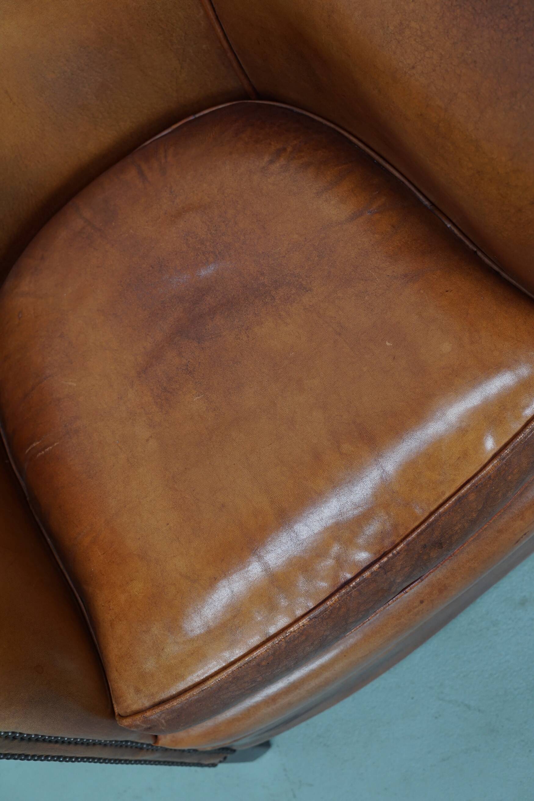 Fauteuil club vintage hollandais en cuir cognac