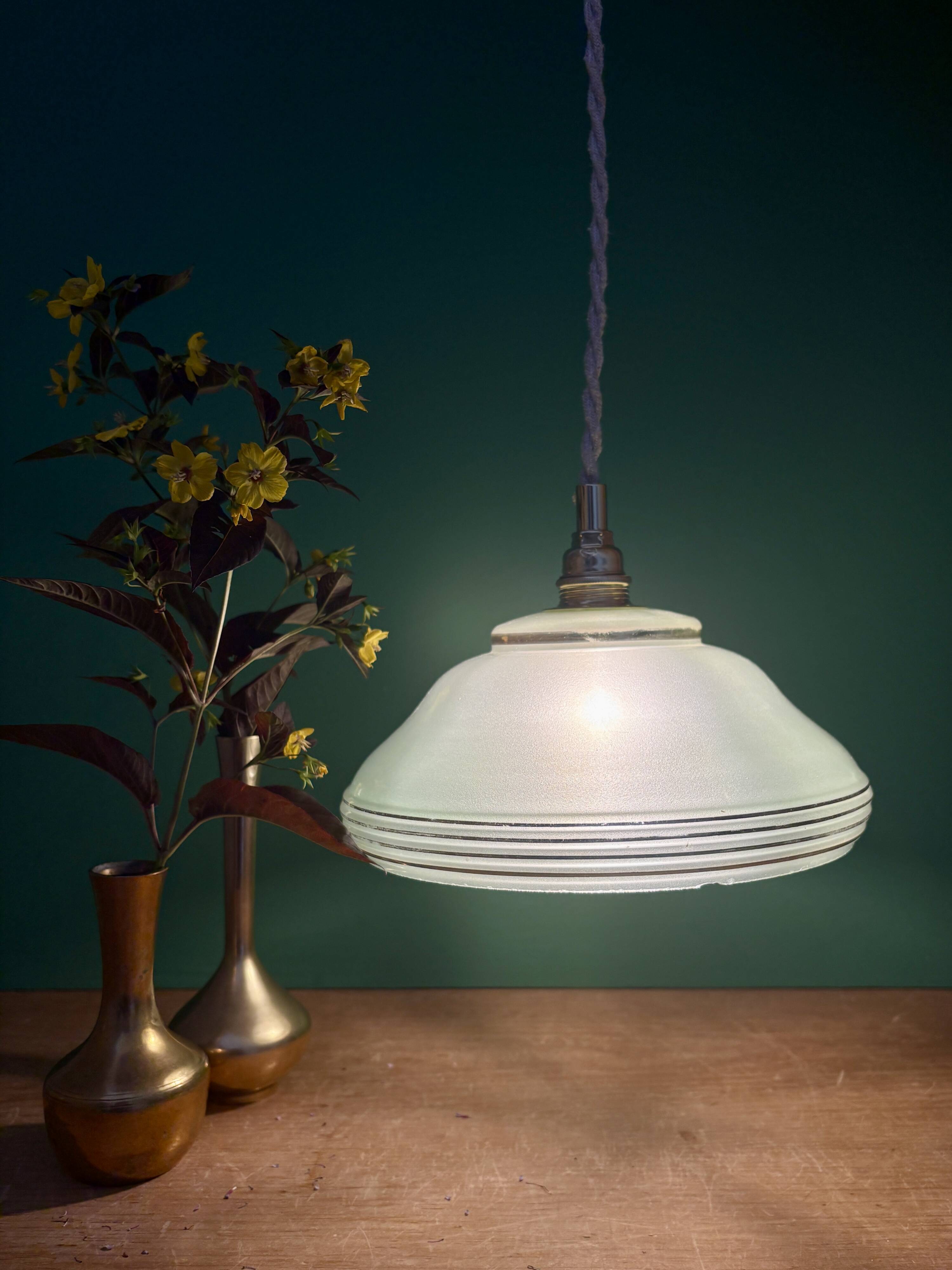 Vintage green and gold glass lampshade pendant light