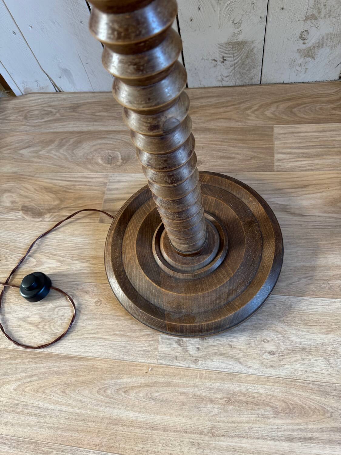 Turned wooden floor lamp