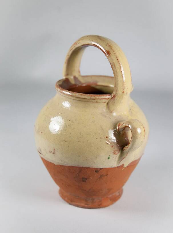 Vintage pottery, half-glazed terracotta water pot, jug, kitchen, decoration, pottery