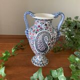 Vase amphore ancienne en faïence de Gien décor cachemire