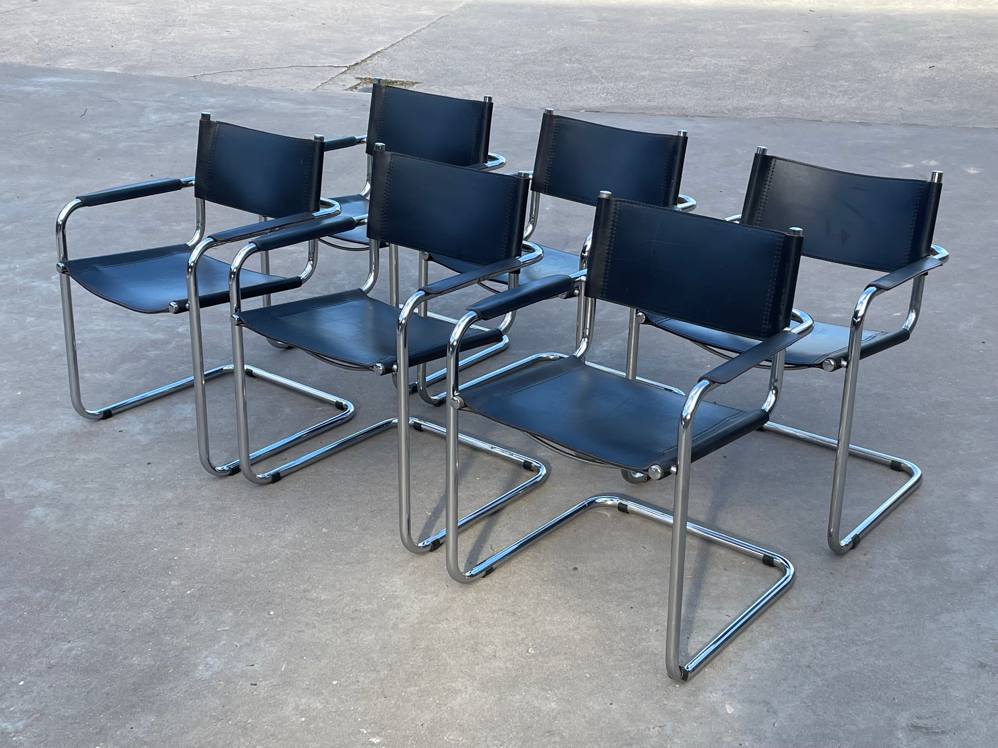 Set of 6 bauhaus cantilever chairs black leather and chrome design