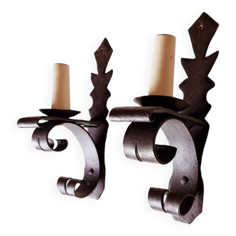 Duo of wrought iron wall lights Ateliers Marolles