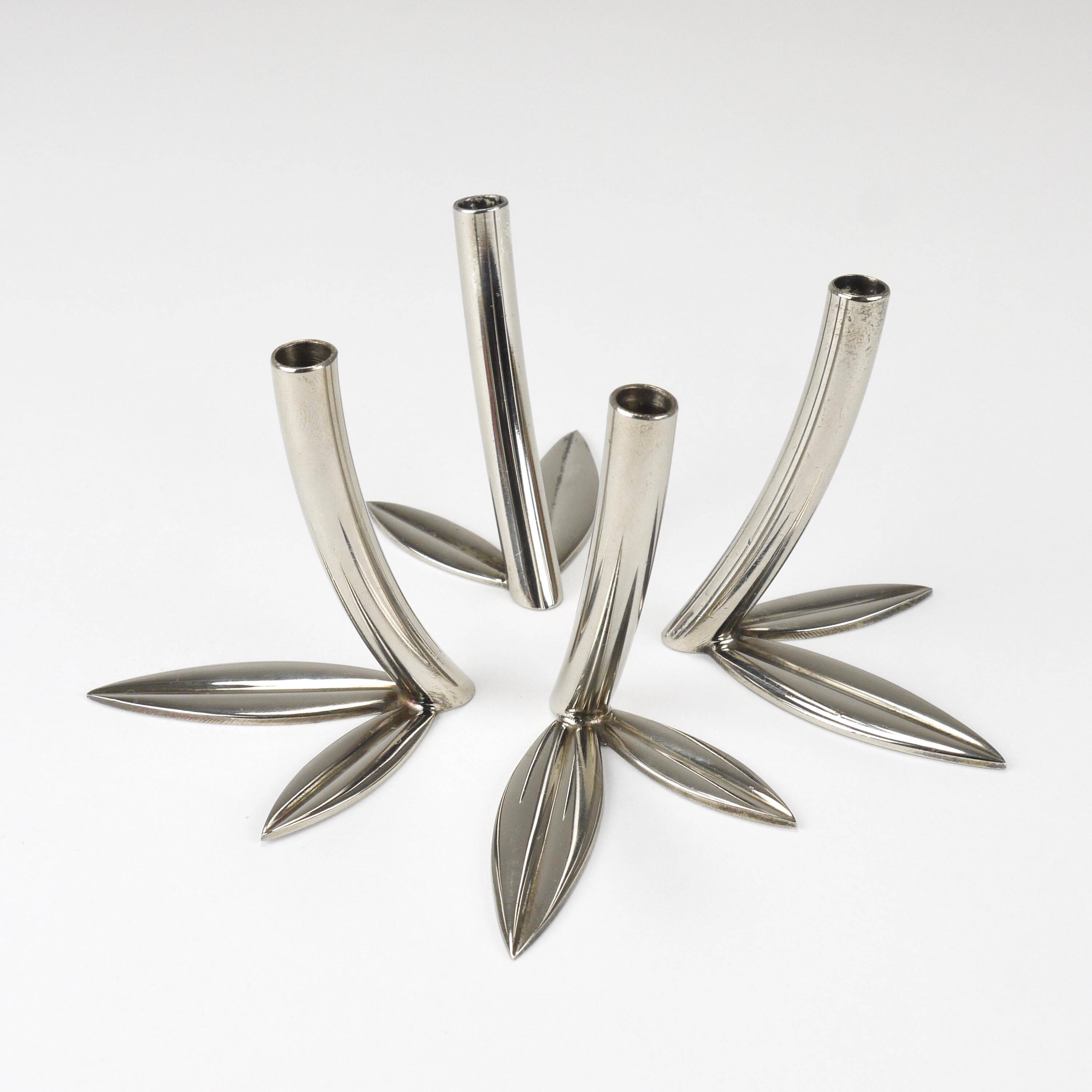 Werkstätte Hagenauer Up to 6 Soliflore Vases Leaf, Brass & Nickel, Vienna, 1960s