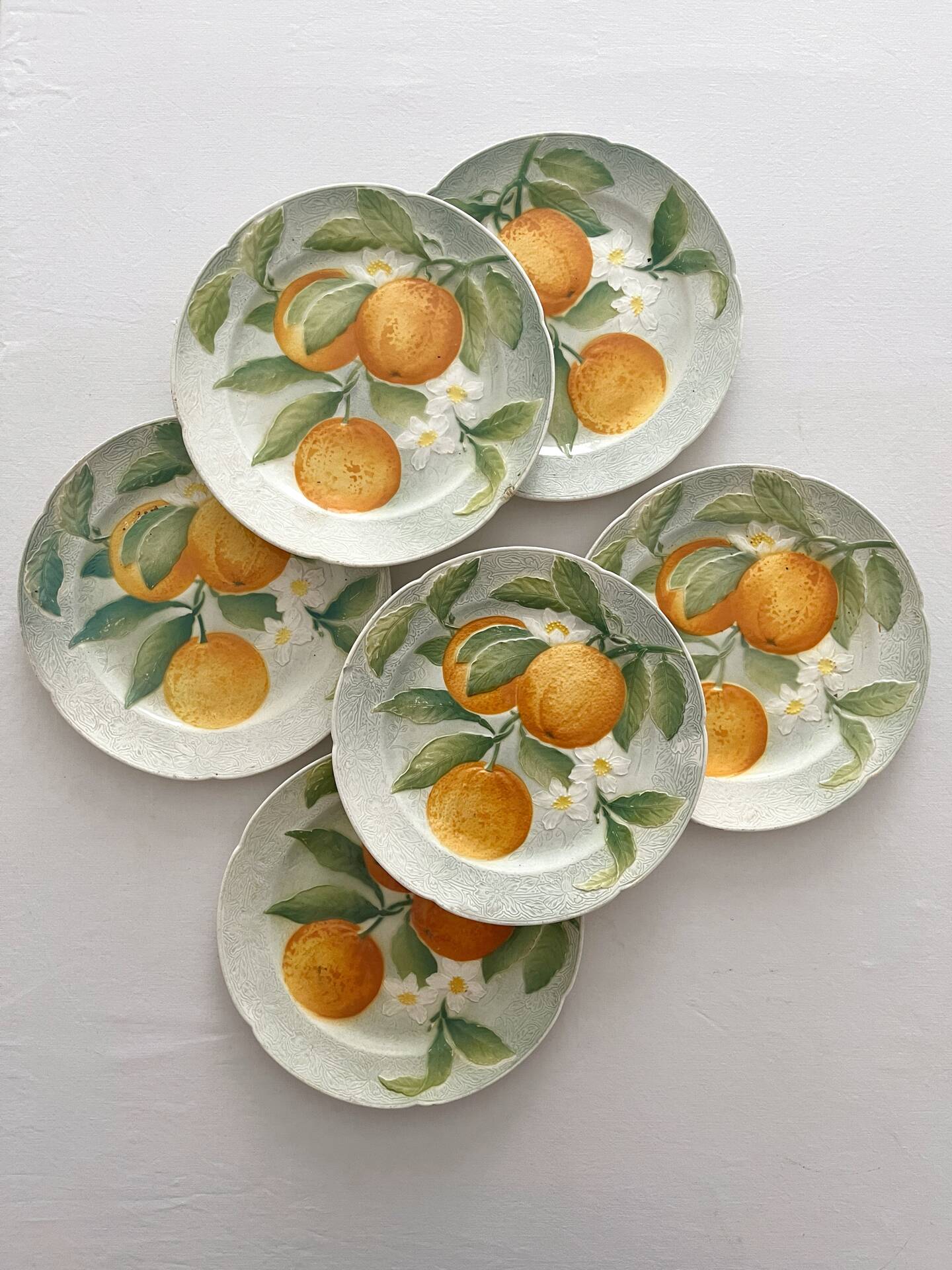 6 orange barbotine dessert plates from Saint Clément earthenware.