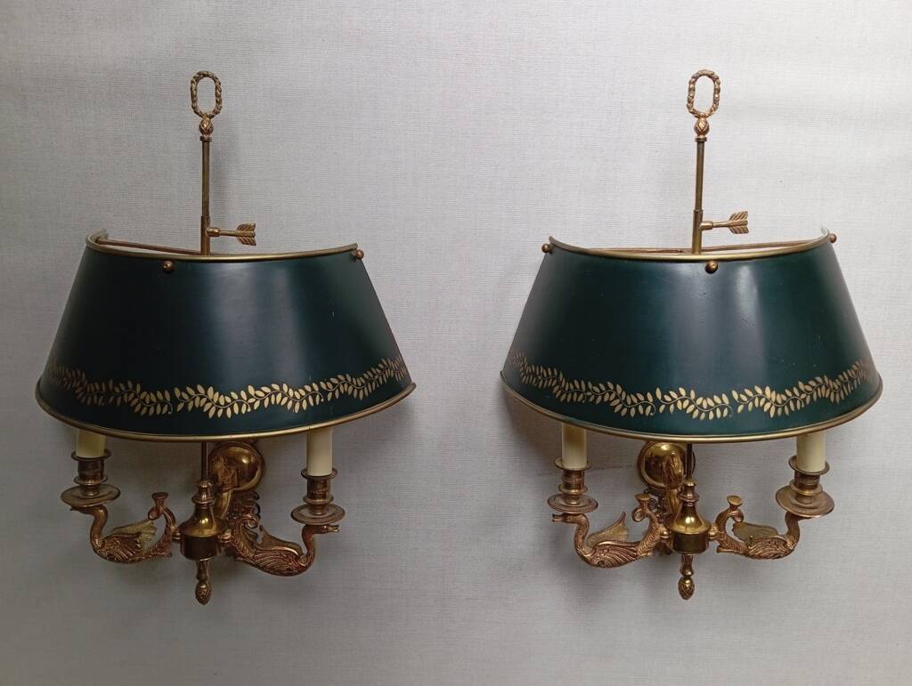 Pair of bronze and sheet metal hot water bottle wall lights