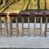 Square high bar stools in solid wood with burgundy leather 83cm