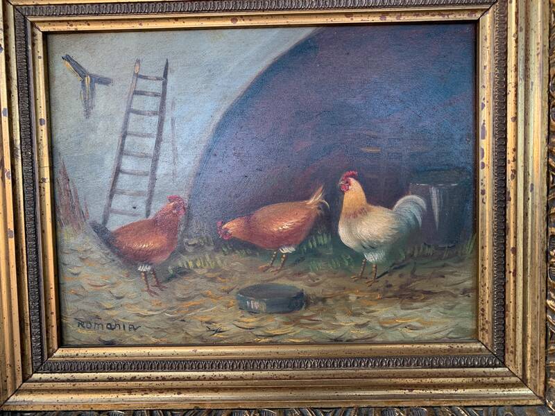 Framed painting of chickens in a chicken coop signed romania