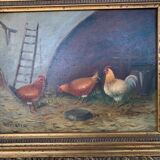 Tableau de poules dans un poulailler encadré signé romania