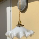 Vintage opaline glass pendant lamp pleated snowflake shape new golden threads and socket