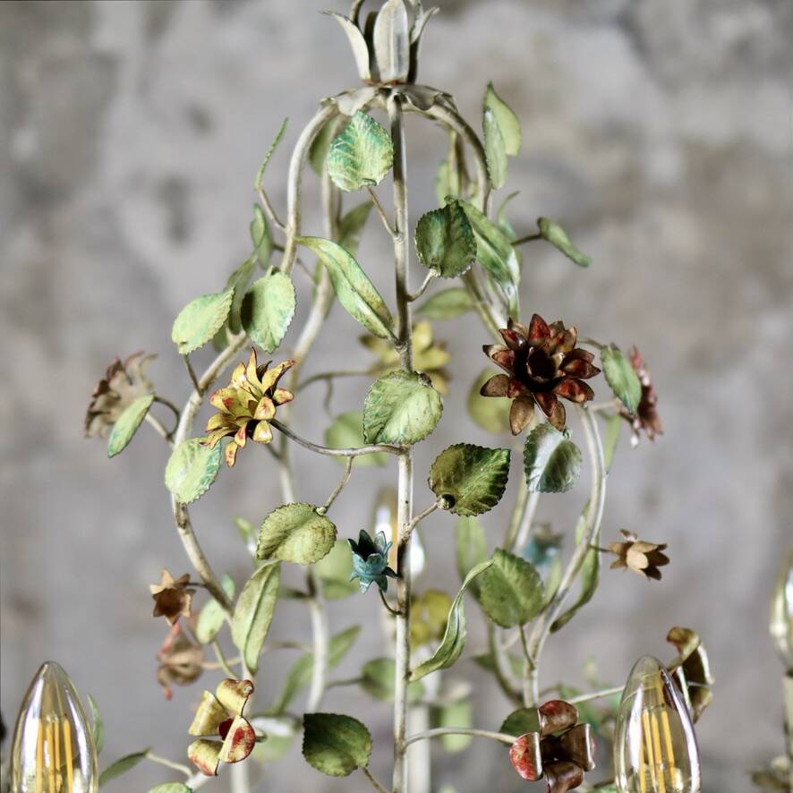 Large flower and leaf chandelier, hand-painted sheet metal, Italy, 1940s