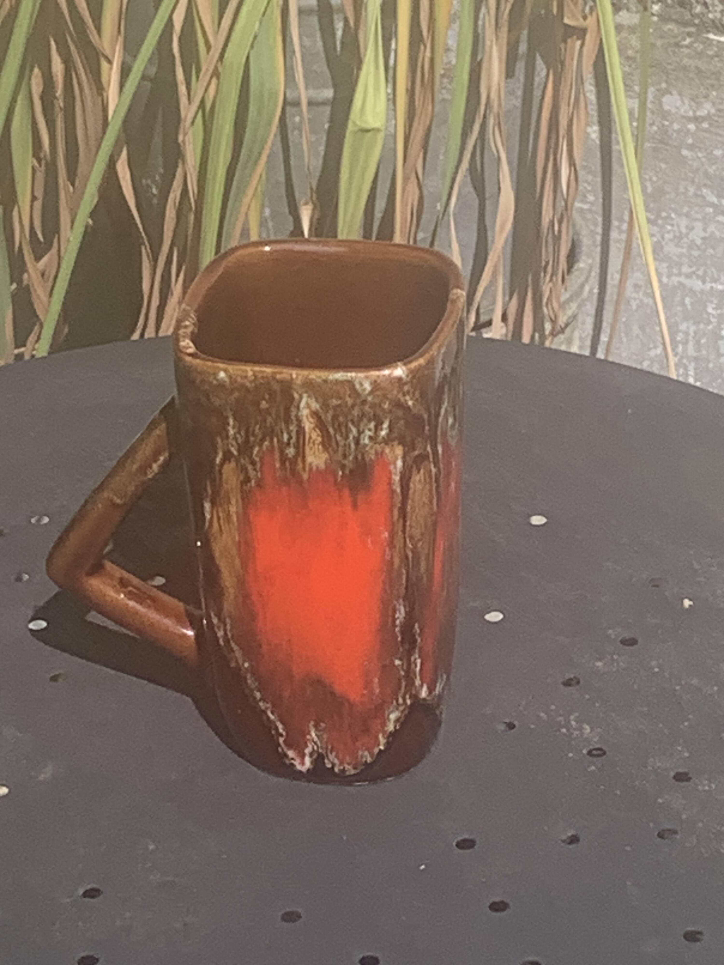 6 enamelled ceramic mugs, red and brown, Vallauris, vintage and designer