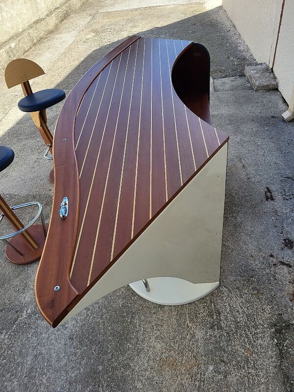Bar or shop counter and 2 deck lina stools polyester boat hull