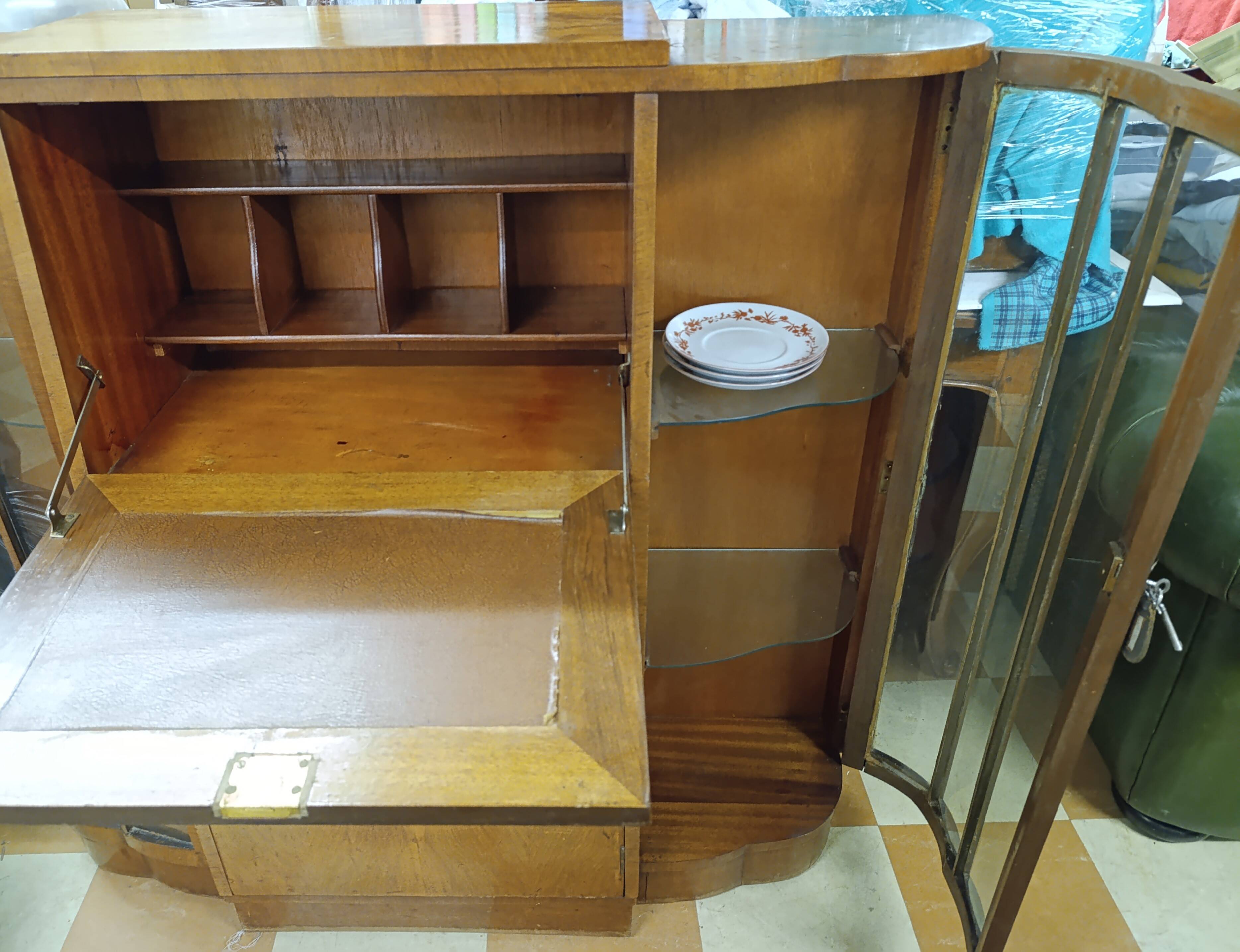 Art Deco style glass-fronted cocktail bar cabinet with folding desk