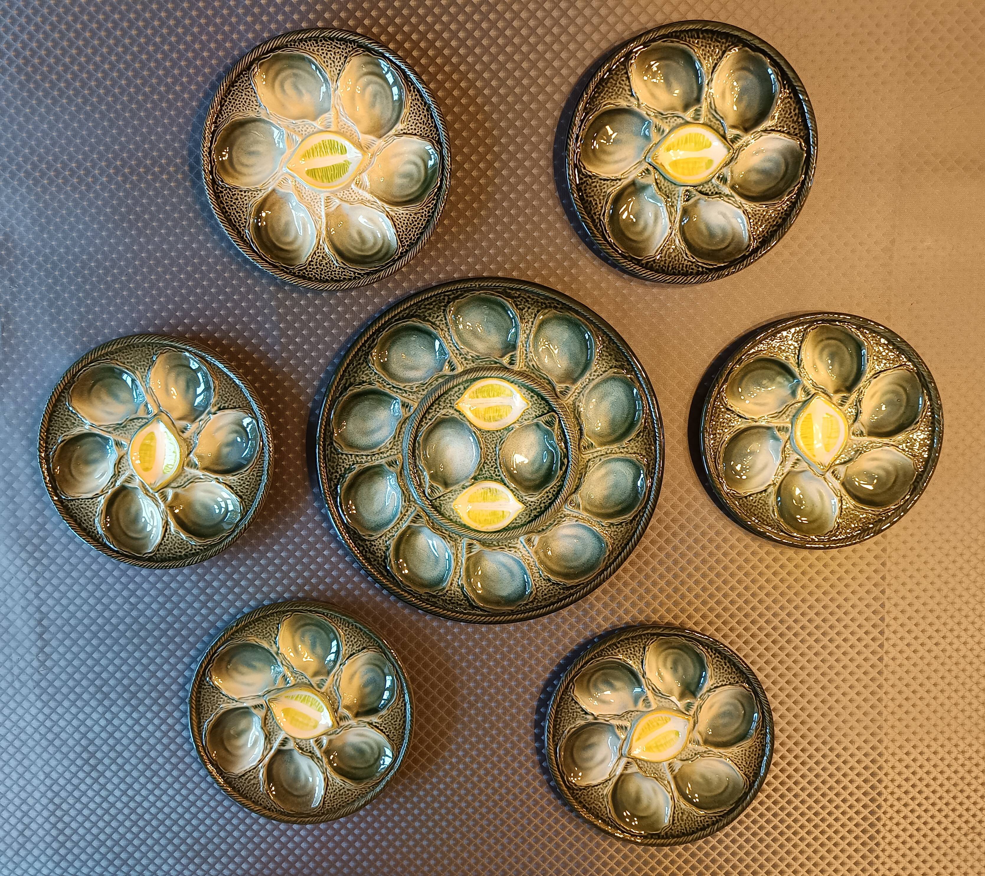 Vintage earthenware oyster set - Saint Clement, 1 dish + 6 plates