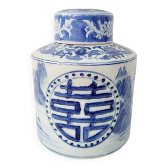 Pot à thé en porcelaine de Chine avec couvercle blanc bleu décor paysages et floral