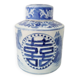 Chinese porcelain tea pot with white blue lid, landscape and floral decoration