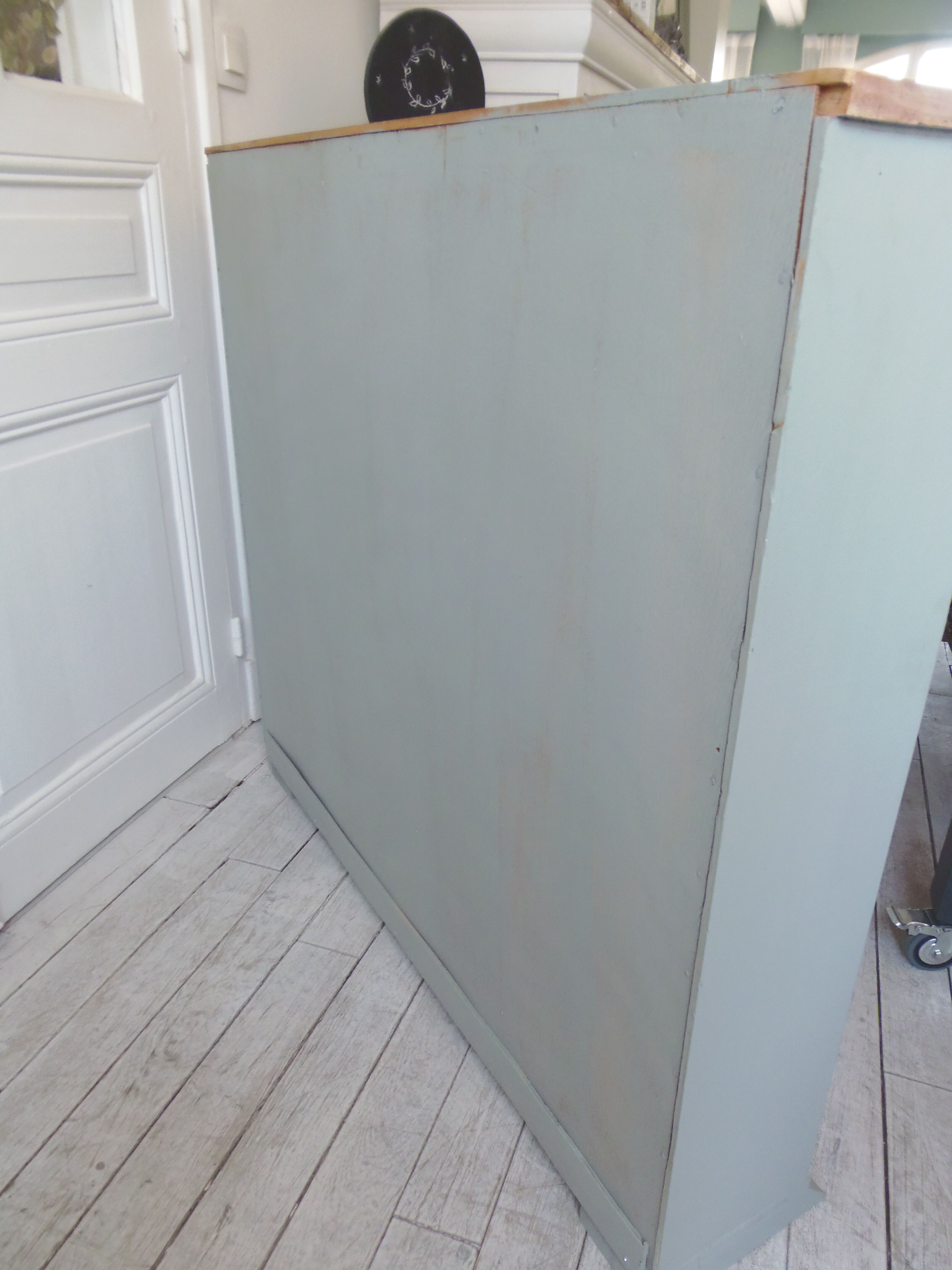 Vintage shallow bookcase, re-enchanted in gray green, wooden tray.