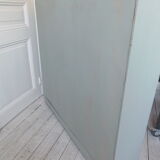 Vintage shallow bookcase, re-enchanted in gray green, wooden tray.