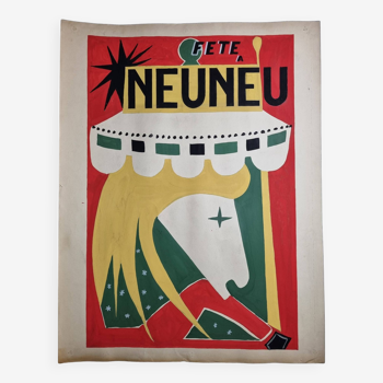 Affiche publicitaire originale vintage "La Fête à Neuneu" peinte à la main, années 50-60