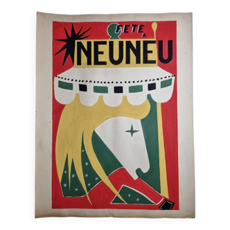 Affiche publicitaire originale vintage "La Fête à Neuneu" peinte à la main, années 50-60