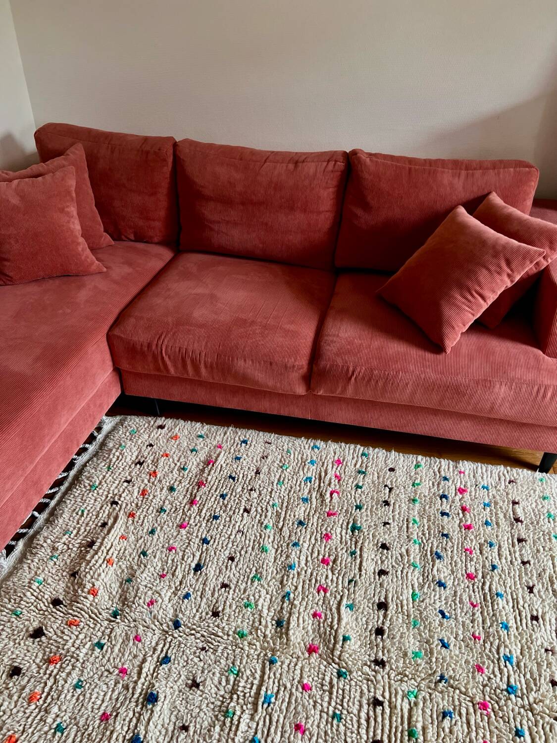 Berber Beni Ouarain handmade rug with small colorful polka dots