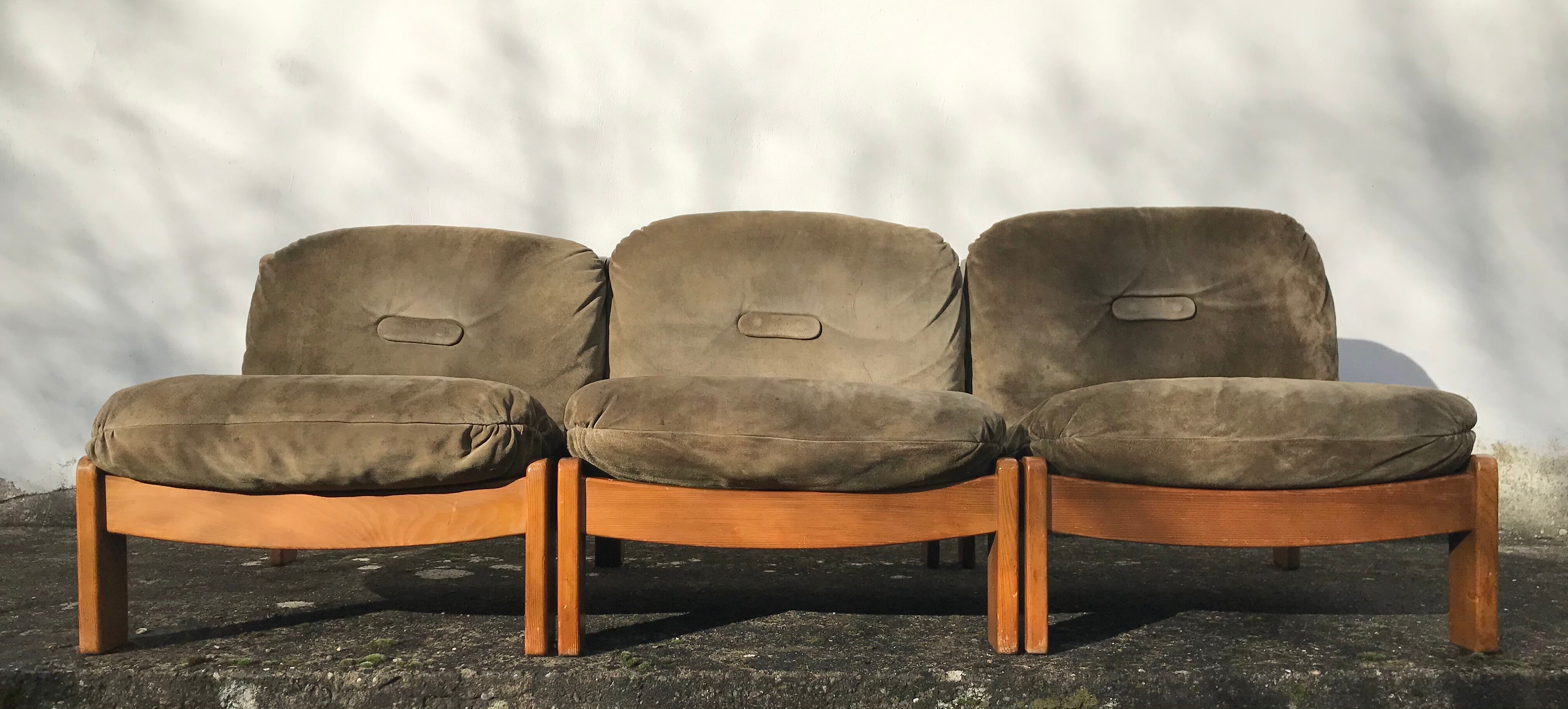 3 vintage khaki wood and suede heaters 70s