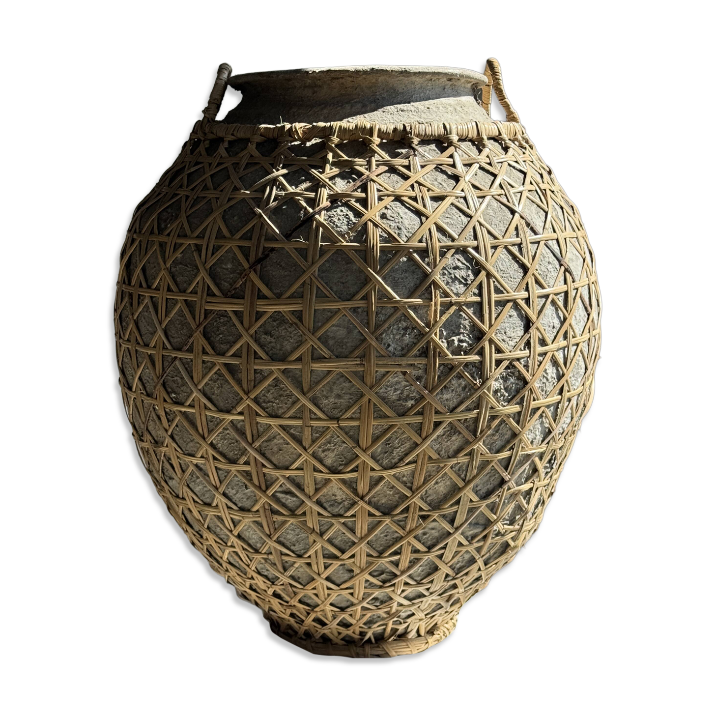 Immense light grey antique-style pot with a crosshatch lid and handles.